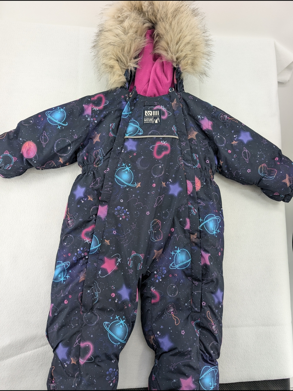 Nano toddler girls' bunting suit featuring a space kitty design with faux fur tr